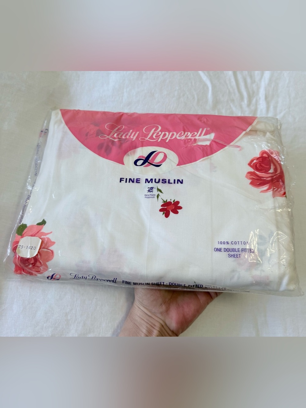 LADY PEPPERELL VTG 60's Fine Muslin White Pink Red Roses | Double Fitted Sheet